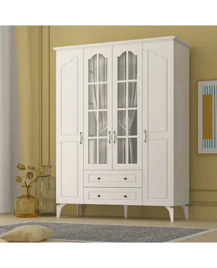 Zenio Assos Plus 4 Door 2 Drawer Glass High Leg Wardrobe White – Bulk – Turkish Furniture – Zenio Mobilya. TijaraHub!