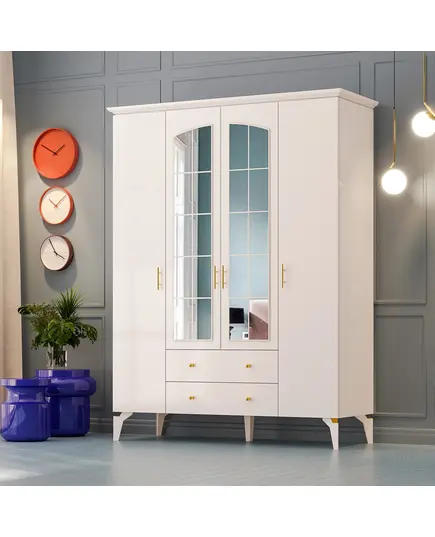 Zenio Rose 3 Door 2 Drawer Glass High Leg Wardrobe White – Bulk – Turkish Furniture – Zenio Mobilya. TijaraHub!