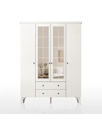 Zenio Patara Plus 4 Door 2 Drawer Glass High Leg Wardrobe White – Bulk – Turkish Furniture – Zenio Mobilya. TijaraHub!