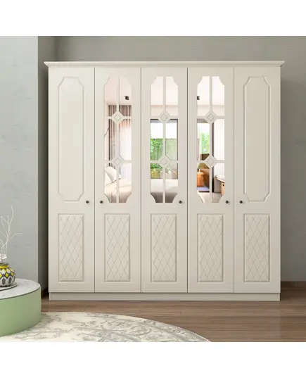 Zenio Aspendos 5 Door Mirrored Wardrobe White – Bulk – Turkish Furniture – Zenio Mobilya - TijaraHub