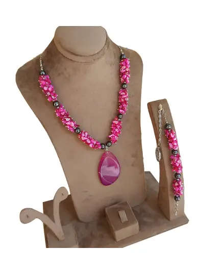 Set Of Fuchsia Shell Stones With Round Hematite Stones - Handmade - B2B - Logy Accessories - Tijarahub