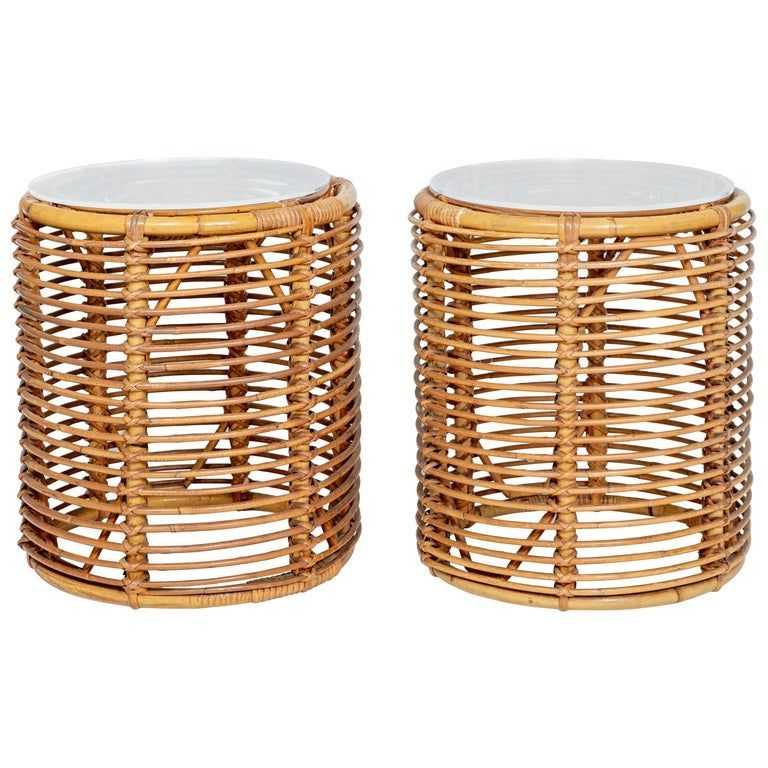 Pair Of Round Rattan Ottomans | Rattan Ottoman, Rattan, Wicker Table With Rattan Ottomans (Gallery 3 of 15)