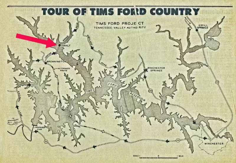 Tims Ford Lake Map showing Awalt