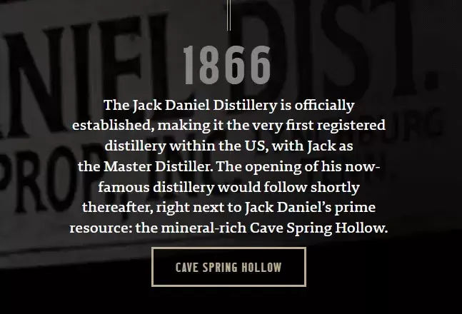 Jack Daniel's Distillery Website showing the establishment of the distillery in 1866