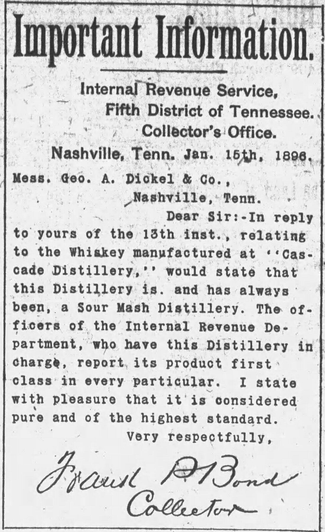 george dickel distillery -- newspaper article