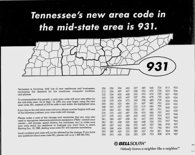 931 Area Code Advertisement by Bellsouth