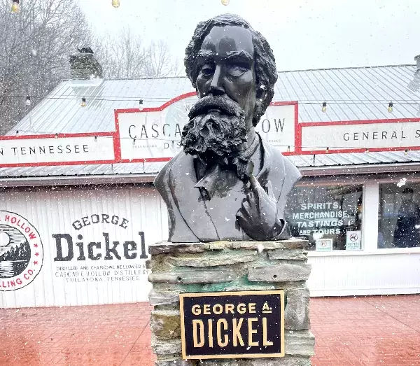 Statue of George Dickel at the Distillery -- its snowing