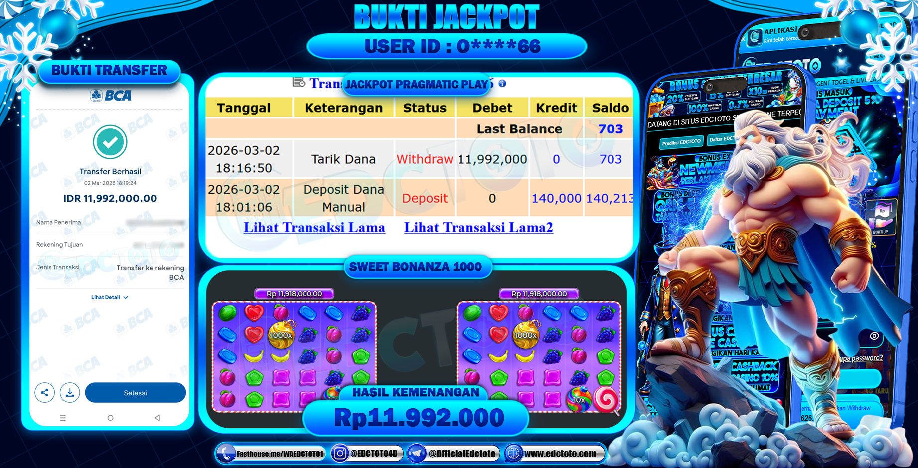 EDCTOTO JACKPOT Rp.11.992.000,- DIBAYAR LUNAS. PERMAINAN SLOT SWEET BONANZA 1000(PRAGMATIC PLAY)