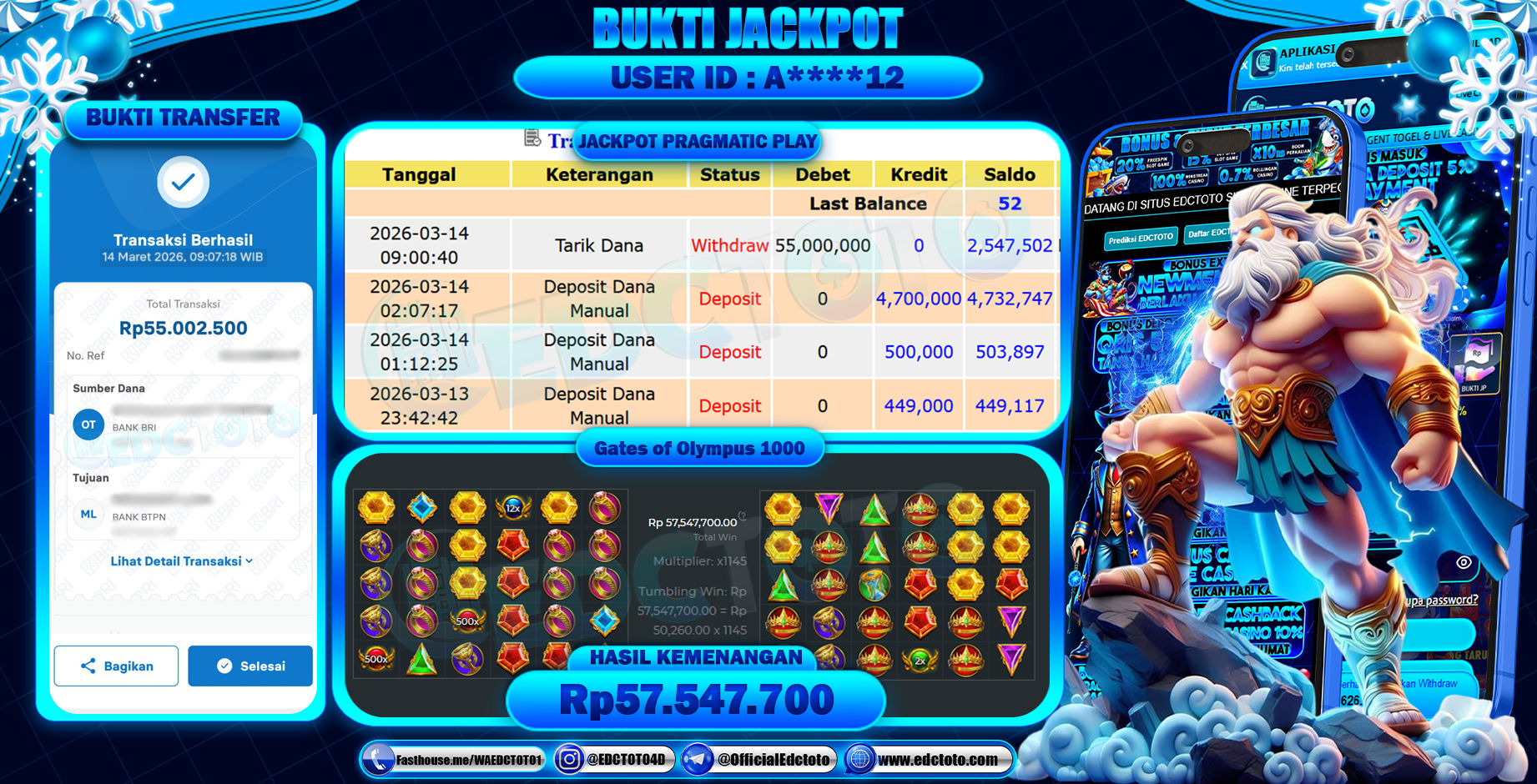 EDCTOTO JACKPOT Rp.55.000.000,- DIBAYAR LUNAS. PERMAINAN SLOT GATES OF OLYMPUS 1000(PRAGMATIC PLAY)