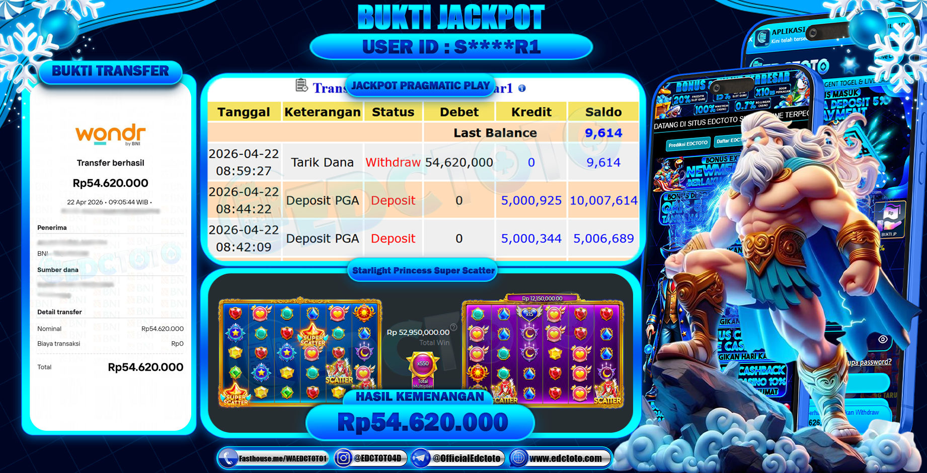 EDCTOTO JACKPOT Rp.54.620.000,- DIBAYAR LUNAS. PERMAINAN SLOT STARLIGHT PRINCESS SUPER SCATTER(PRAGMATIC PLAY)