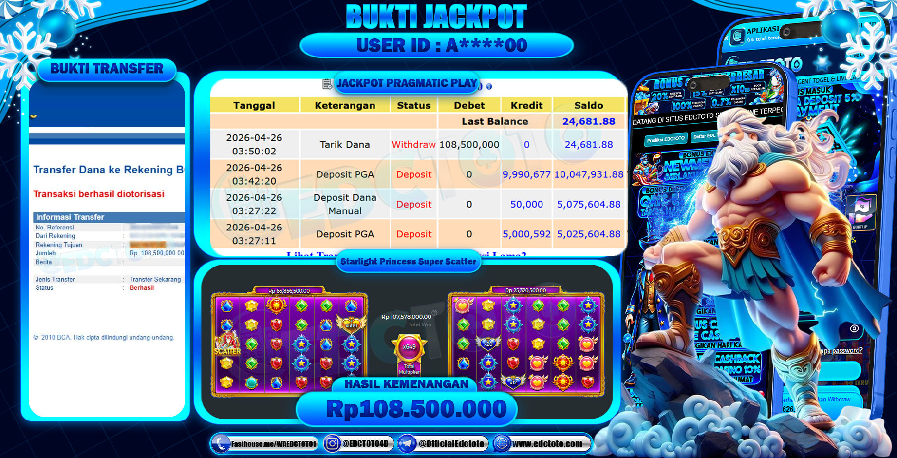 EDCTOTO JACKPOT Rp.108.500.000,- DIBAYAR LUNAS. PERMAINAN SLOT STARLIGHT PRINCESS SUPER SCATTER(PRAGMATIC PLAY)