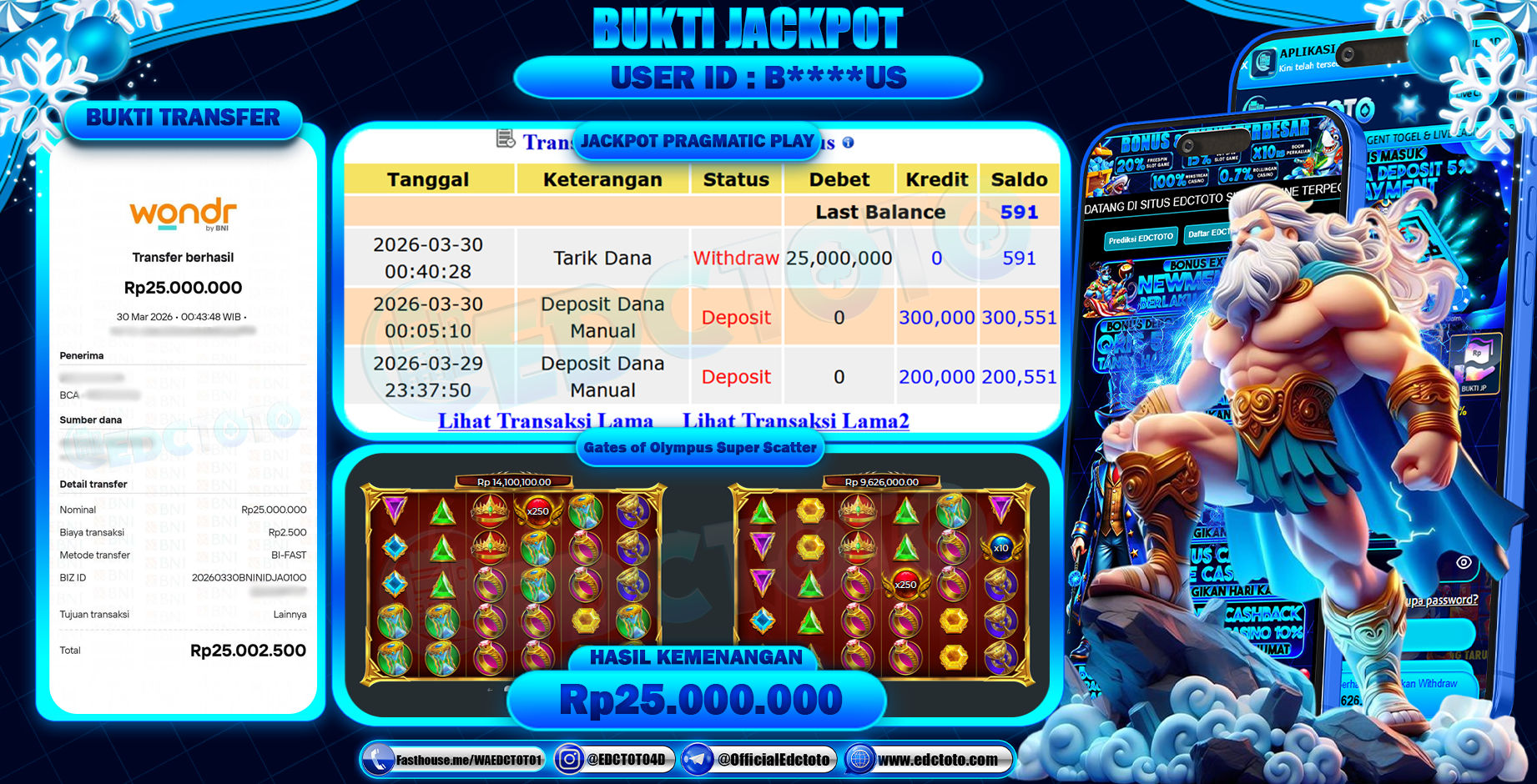 EDCTOTO JACKPOT Rp.25.000.000,- DIBAYAR LUNAS. PERMAINAN SLOT GATES OF OLYMPUS SUPER SCATTER(PRAGMATIC PLAY)