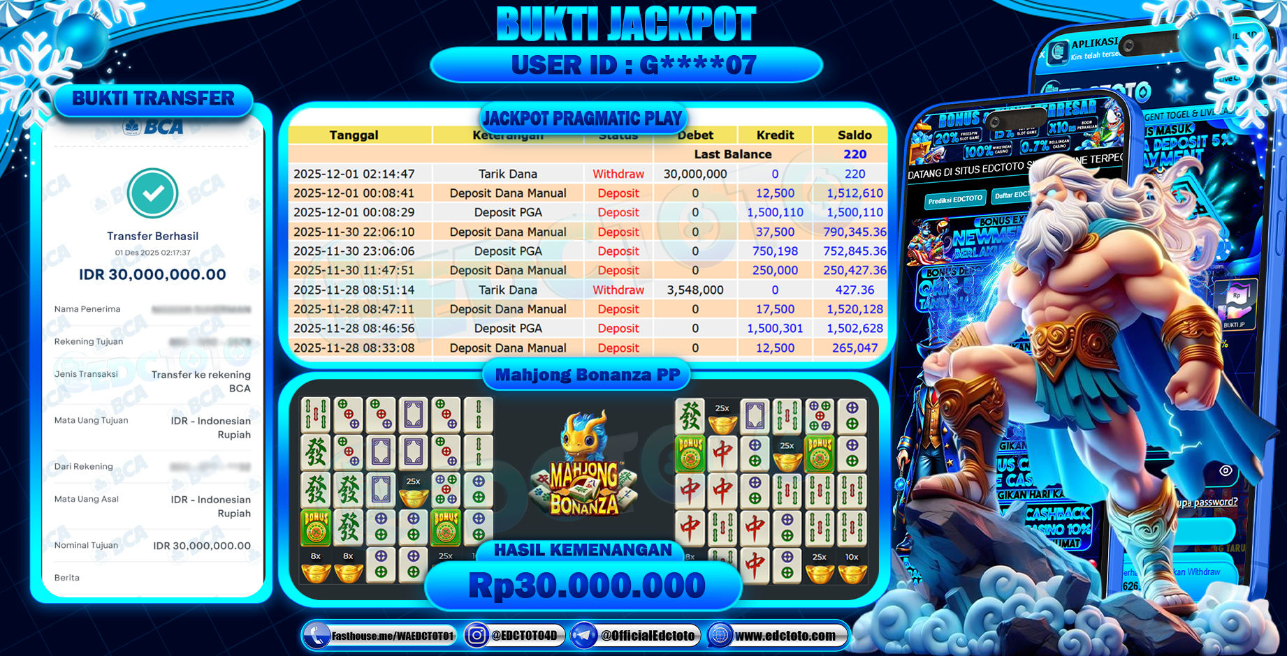 EDCTOTO JACKPOT Rp.30.000.000,- DIBAYAR LUNAS. PERMAINAN SLOT MAHJONG BONANZA PP(PRAGMATIC PLAY)