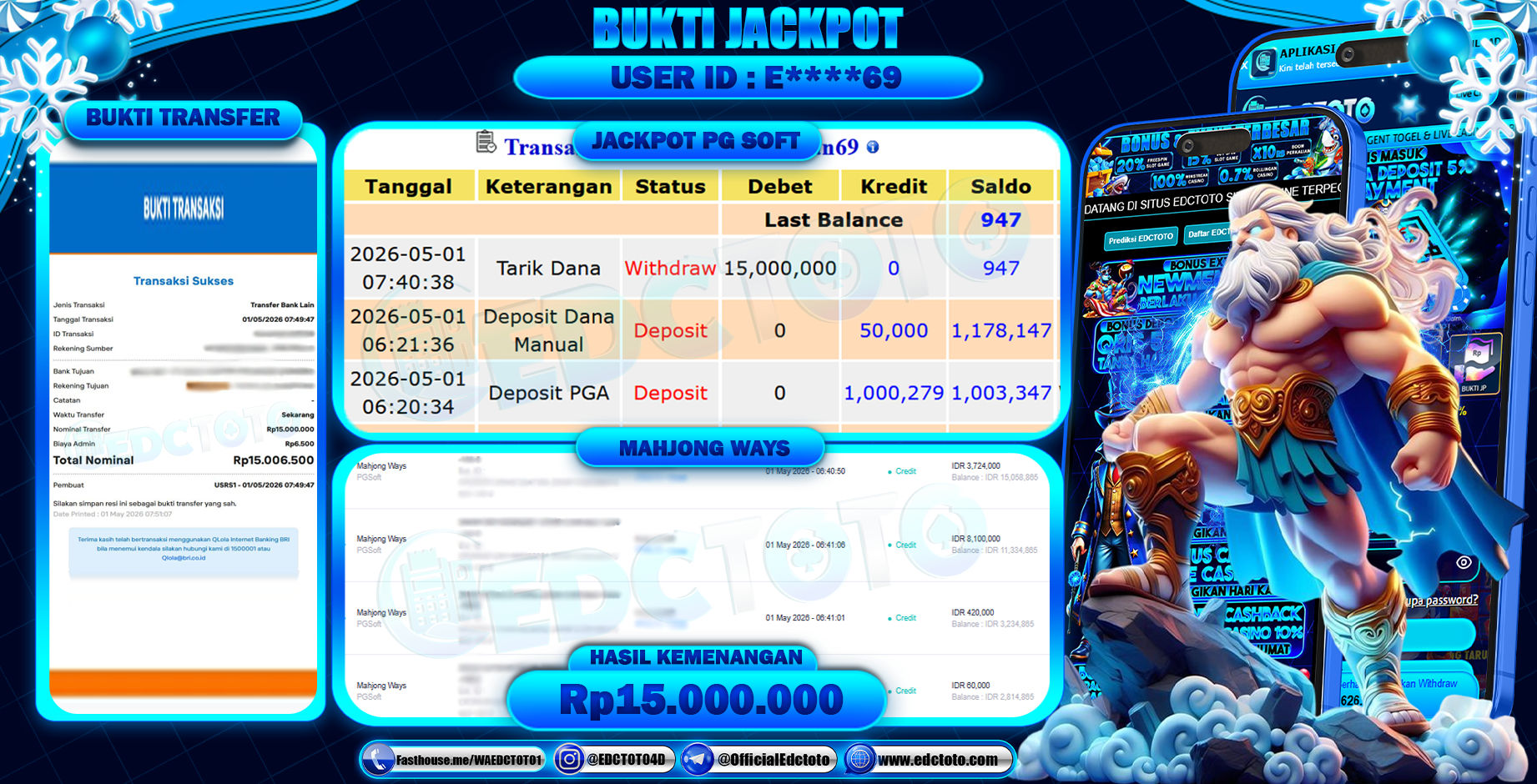 EDCTOTO JACKPOT Rp.15.000.000,- DIBAYAR LUNAS. PERMAINAN SLOT MAHJONG WAYS(PG SOFT)