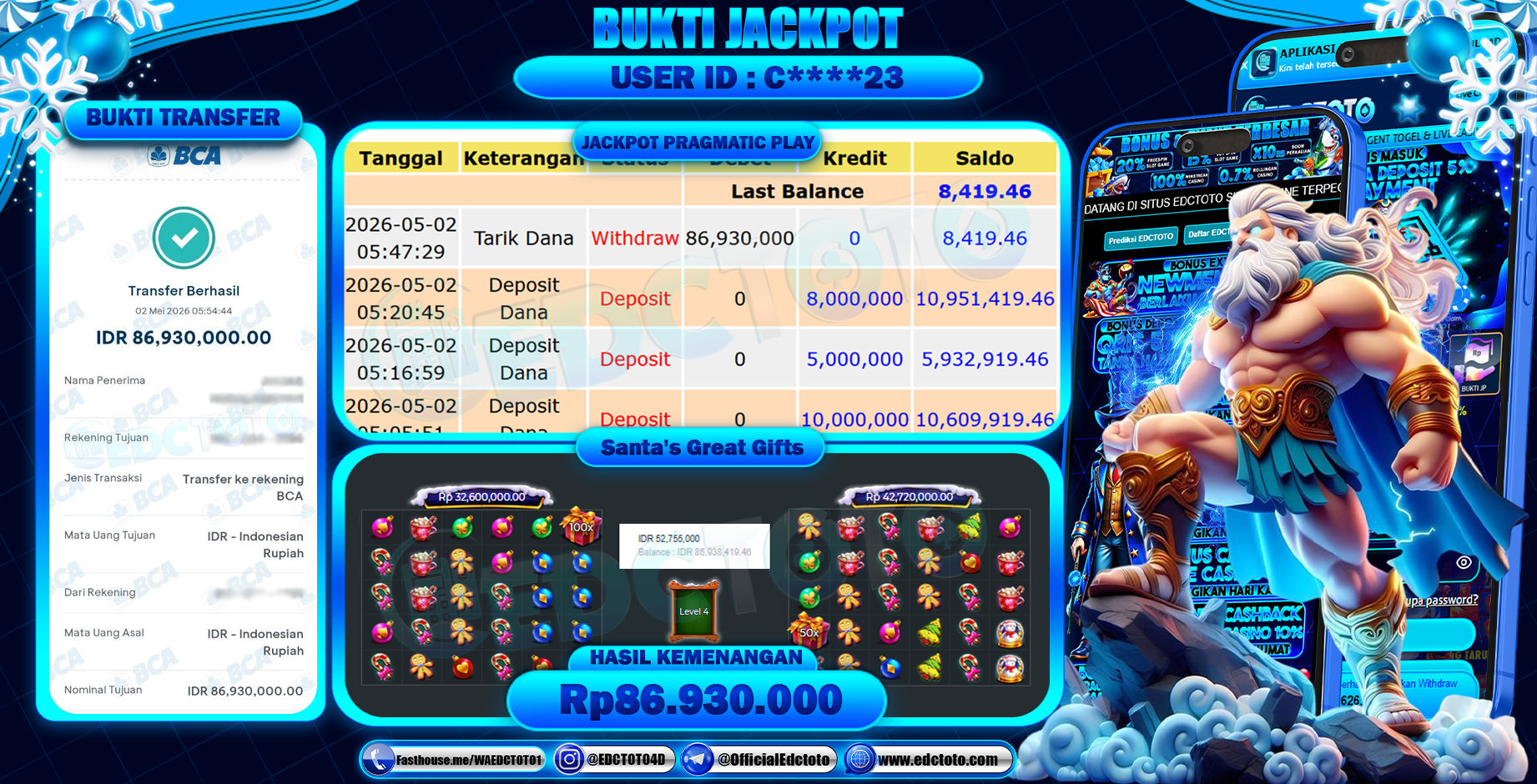EDCTOTO JACKPOT Rp86.930.000,- DIBAYAR LUNAS. PERMAINAN SLOT SANTA GREAT GIFTS(PRAGMATIC PLAY)