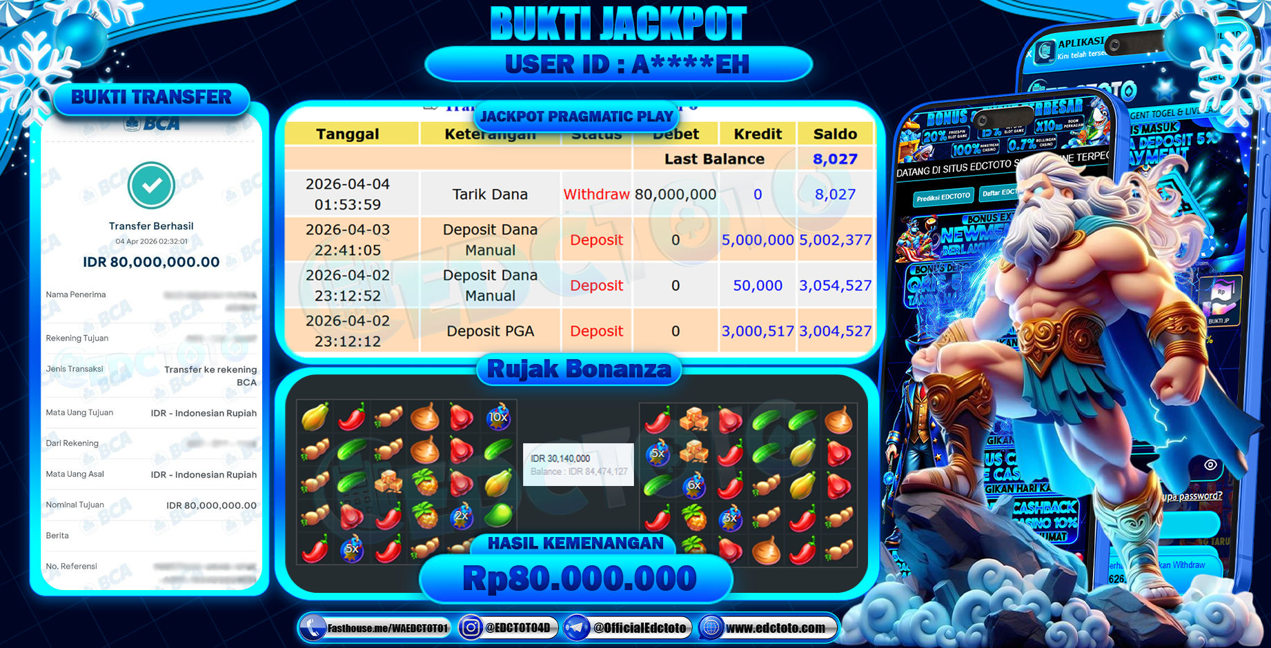 EDCTOTO JACKPOT Rp.80.000.000,- DIBAYAR LUNAS. PERMAINAN SLOT RUJAK BONANZA(PRAGMATIC PLAY)