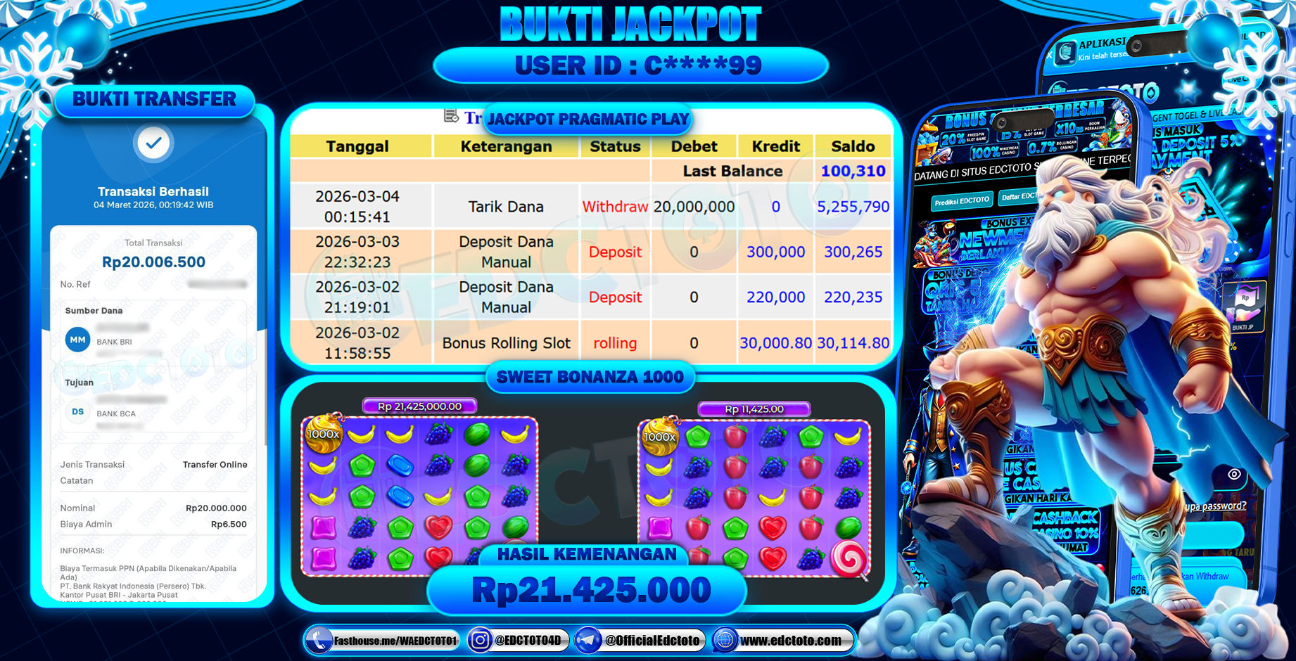 EDCTOTO JACKPOT Rp.20.000.000,- DIBAYAR LUNAS. PERMAINAN SLOT SWEET BONANZA 1000(PRAGMATIC PLAY)