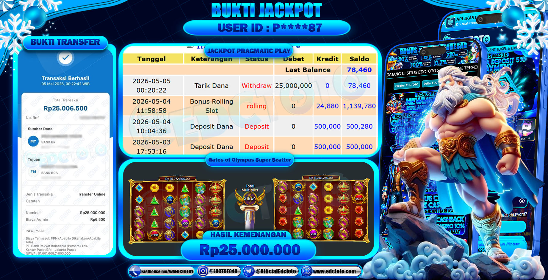 EDCTOTO JACKPOT Rp25.000.000,- DIBAYAR LUNAS. PERMAINAN SLOT GATES OLYMPUS SUPER SCATTER(PRAGMATIC PLAY)