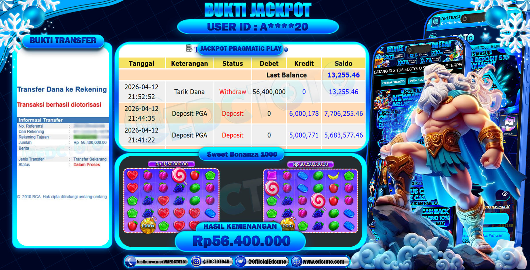 EDCTOTO JACKPOT Rp.56.400.000,- DIBAYAR LUNAS. PERMAINAN SLOT SWEET BONANZA 1000(PRAGMATIC PLAY)