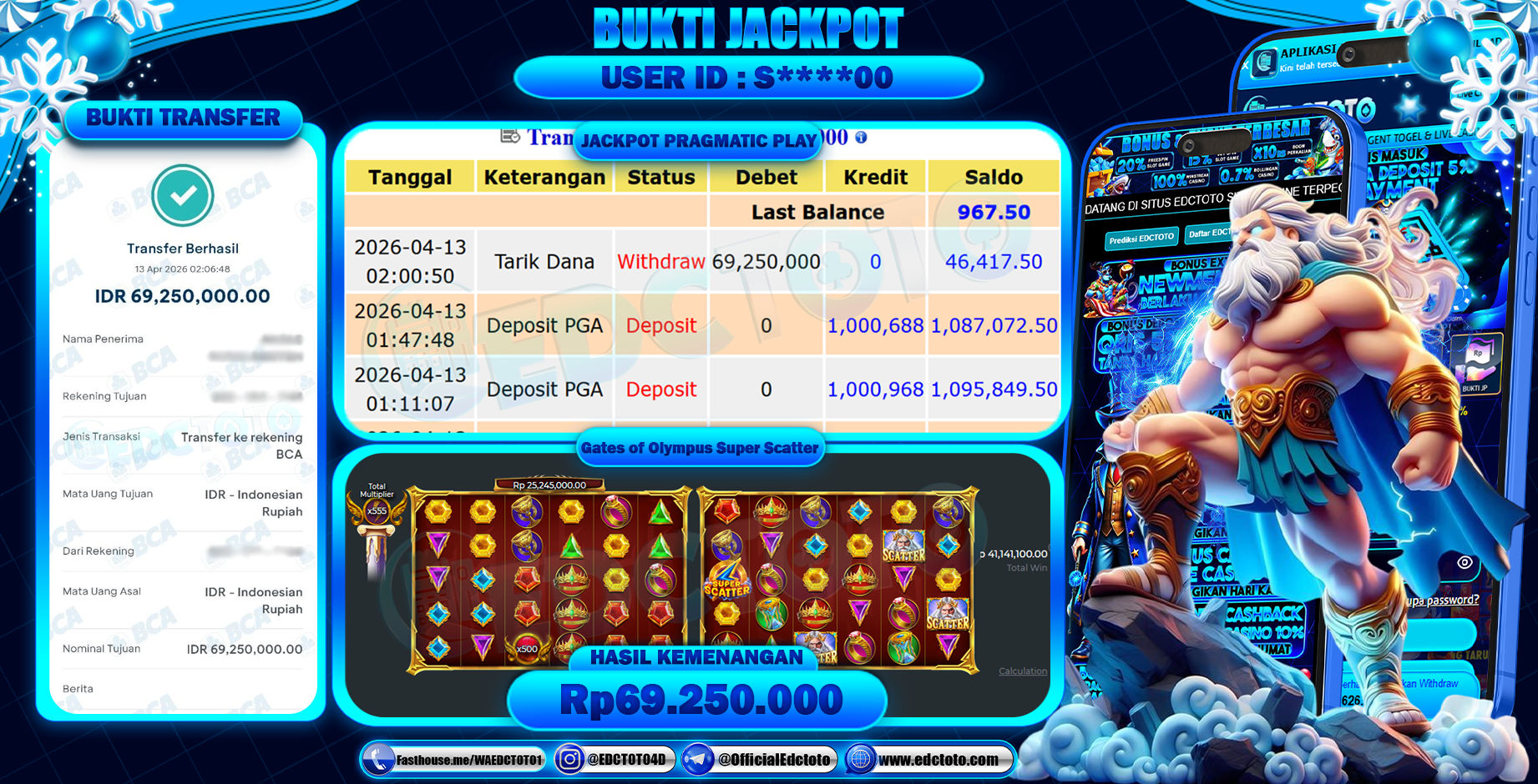 EDCTOTO JACKPOT Rp.69.250.000,- DIBAYAR LUNAS. PERMAINAN SLOT GATES OF OLYMPUS SUPER SCATTER(PRAGMATIC PLAY)