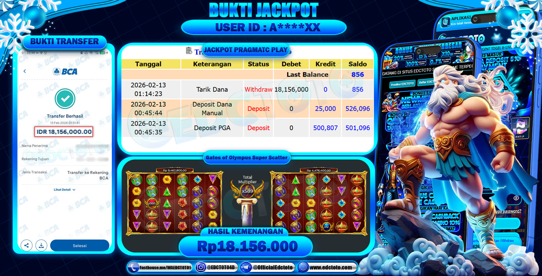EDCTOTO JACKPOT Rp.18.156.000,- DIBAYAR LUNAS. PERMAINAN SLOT GATES OF OLYMPUS SUPER SCATTER(PRAGMATIC PLAY)