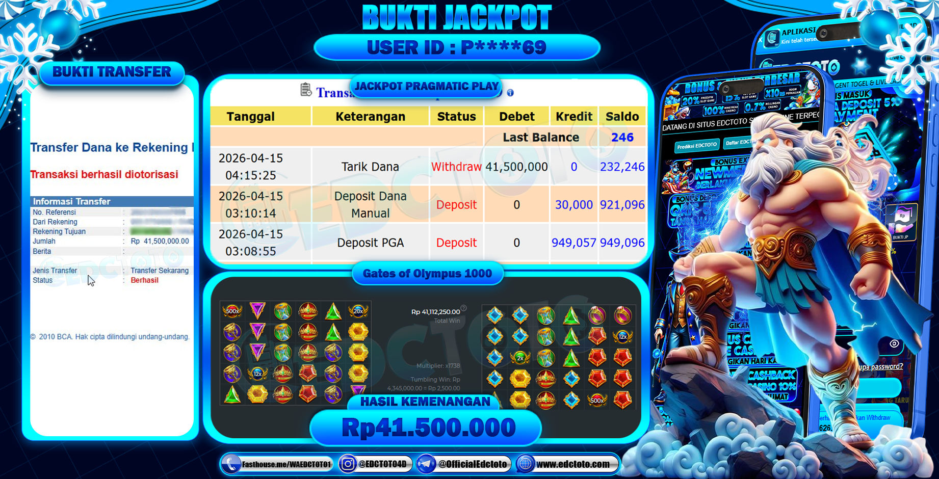 EDCTOTO JACKPOT Rp.41.500.000,- DIBAYAR LUNAS. PERMAINAN SLOT GATES OF OLYMPUS 1000(PRAGMATIC PLAY)