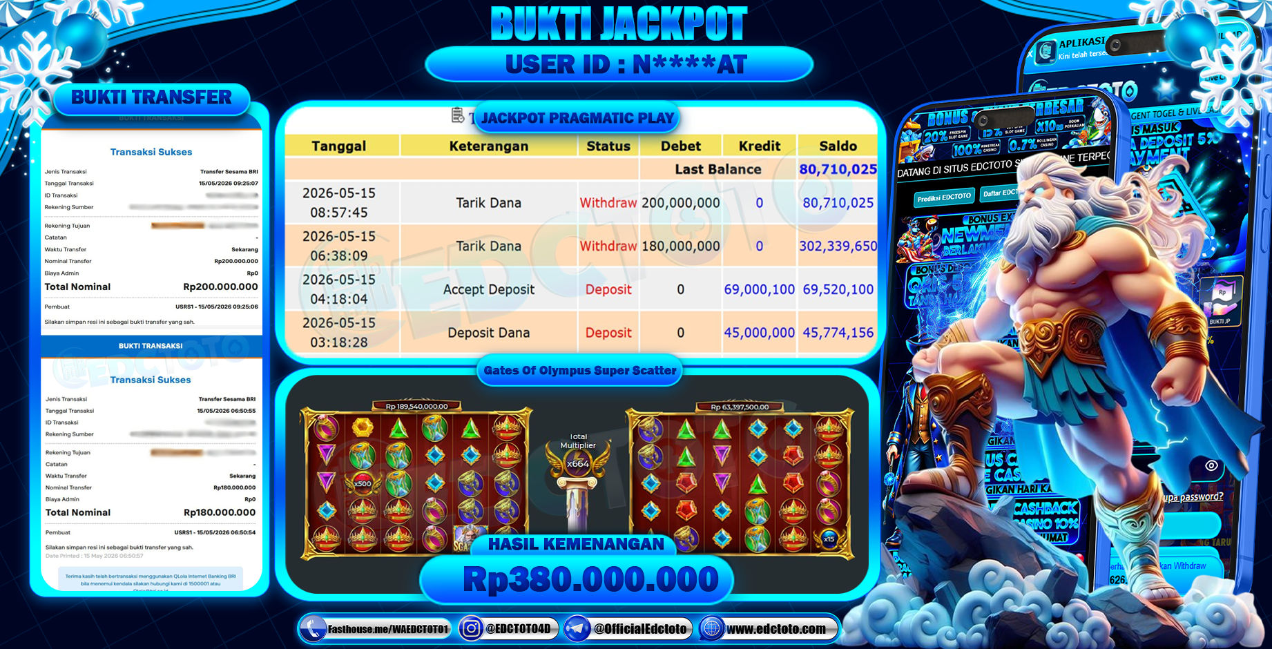EDCTOTO JACKPOT Rp380.000.000,- DIBAYAR LUNAS. PERMAINAN SLOT GATES OLYMPUS SUPER SCATTER(PRAGMATIC PLAY)