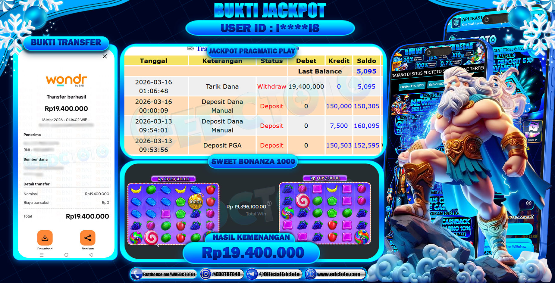EDCTOTO JACKPOT Rp.19.400.000,- DIBAYAR LUNAS. PERMAINAN SLOT SWEET BONANZA 1000(PRAGMATIC PLAY)