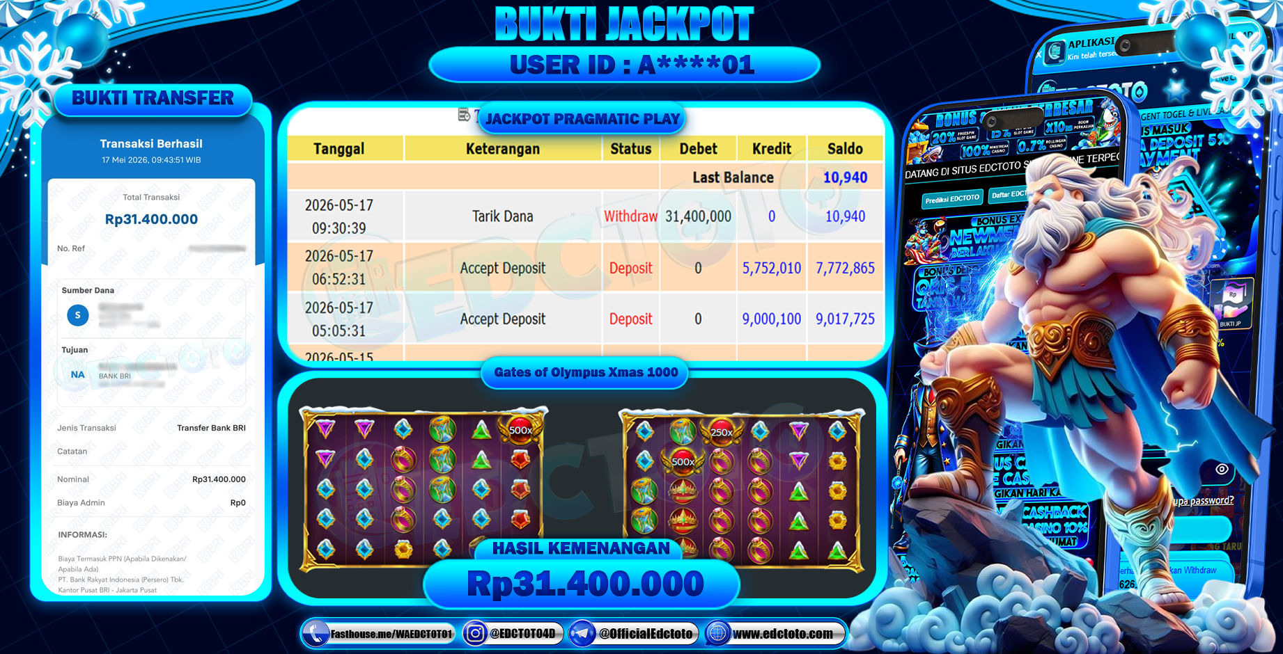 EDCTOTO JACKPOT Rp31.400.000,- DIBAYAR LUNAS. PERMAINAN SLOT GATES OF OLYMPUS XMAS 1000(PRAGMATIC PLAY)