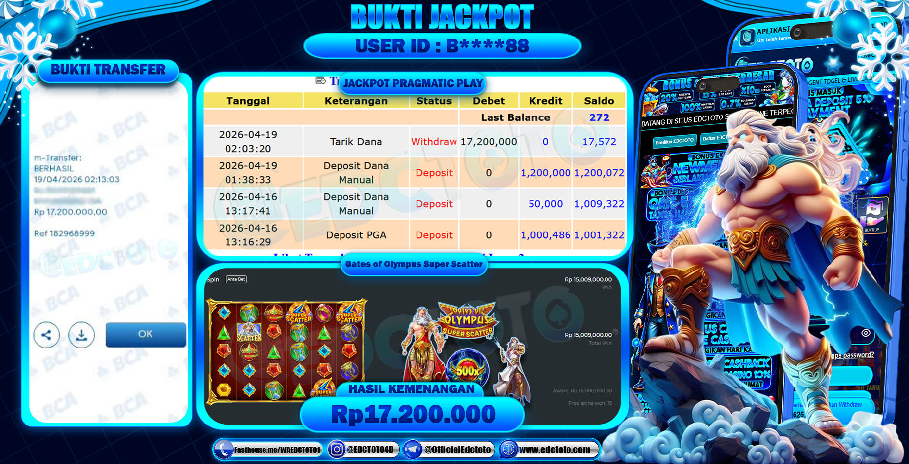 EDCTOTO JACKPOT Rp.17.200.000,- DIBAYAR LUNAS. PERMAINAN SLOT GATES OF OLYMPUS SUPER SCATTER(PRAGMATIC PLAY)