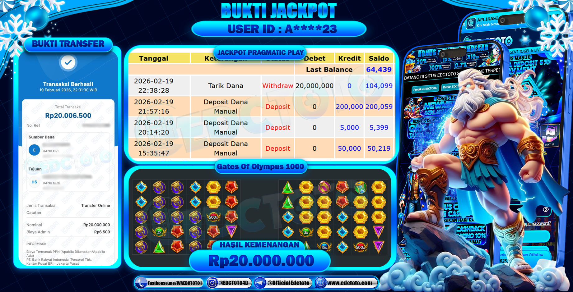 EDCTOTO JACKPOT Rp.20.000.000,- DIBAYAR LUNAS. PERMAINAN SLOT GATES OF OLYMPUS 1000(PRAGMATIC PLAY)