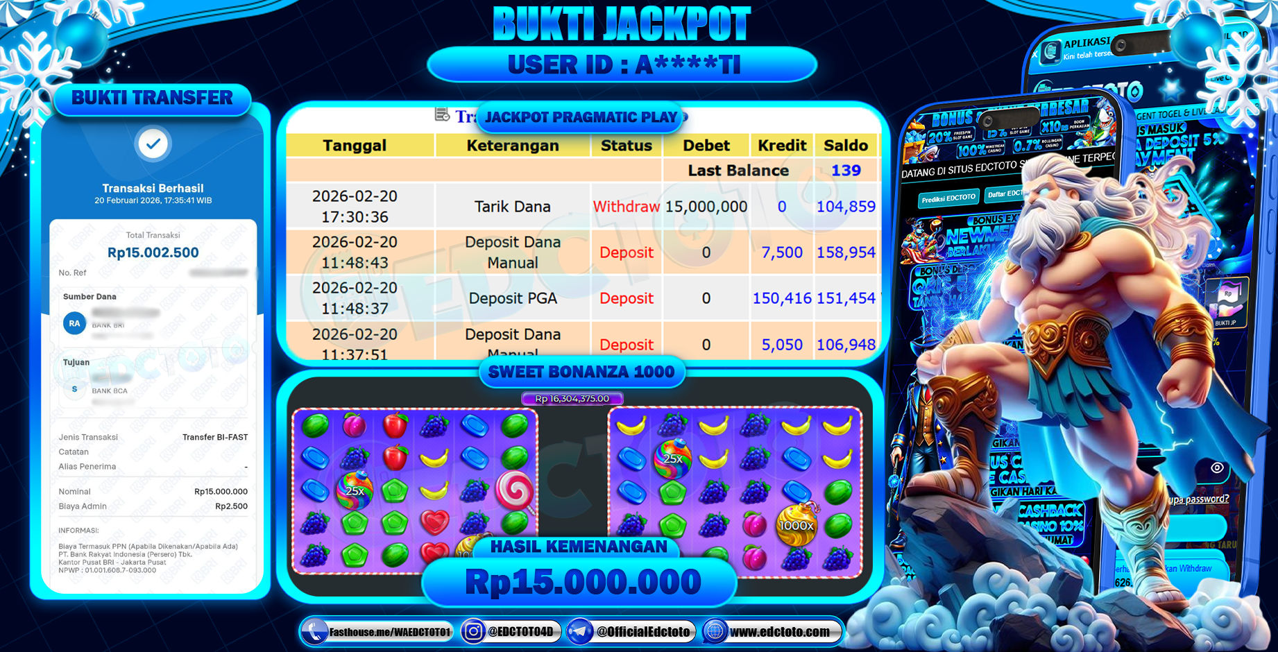 EDCTOTO JACKPOT Rp.15.000.000,- DIBAYAR LUNAS. PERMAINAN SLOT SWEET BONANZA 1000(PRAGMATIC PLAY)