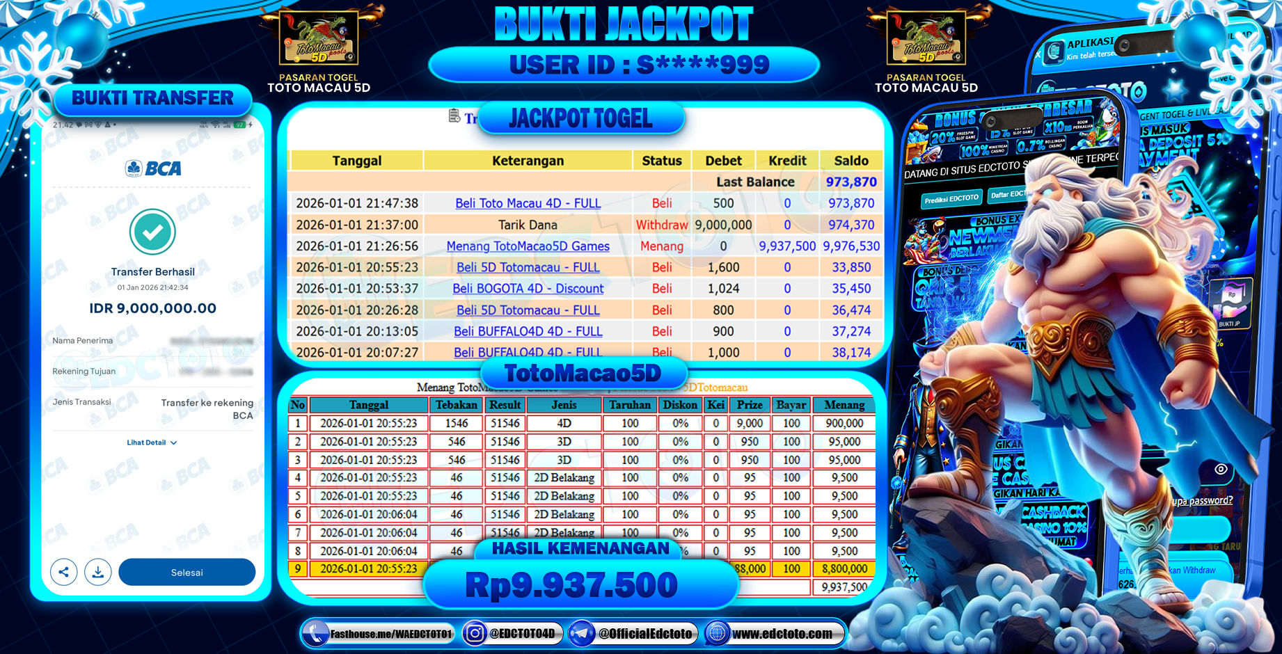 EDCTOTO JACKPOT Rp.9.000.000,- DIBAYAR LUNAS. PERMAINAN LOTRE TOTOMACAU 5D