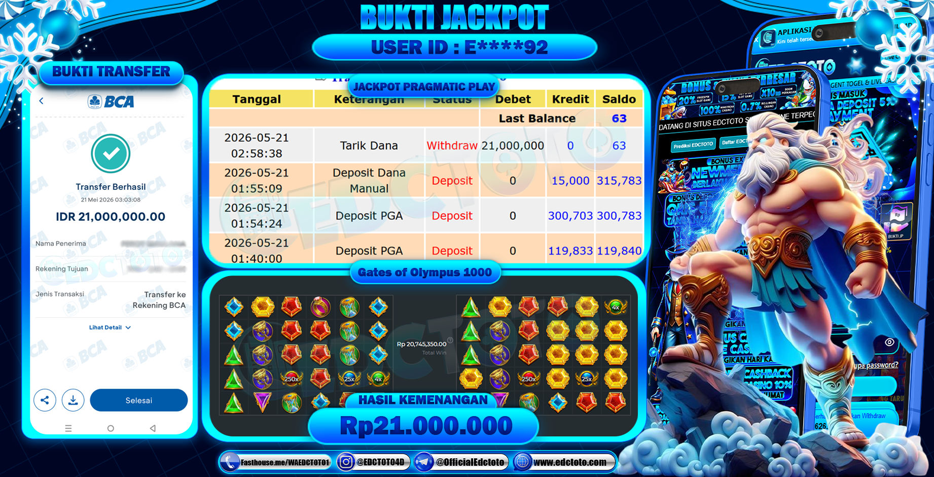 EDCTOTO JACKPOT Rp21.000.000,- DIBAYAR LUNAS. PERMAINAN SLOT GATES OF OLYMPUS 1000(PRAGMATIC PLAY)