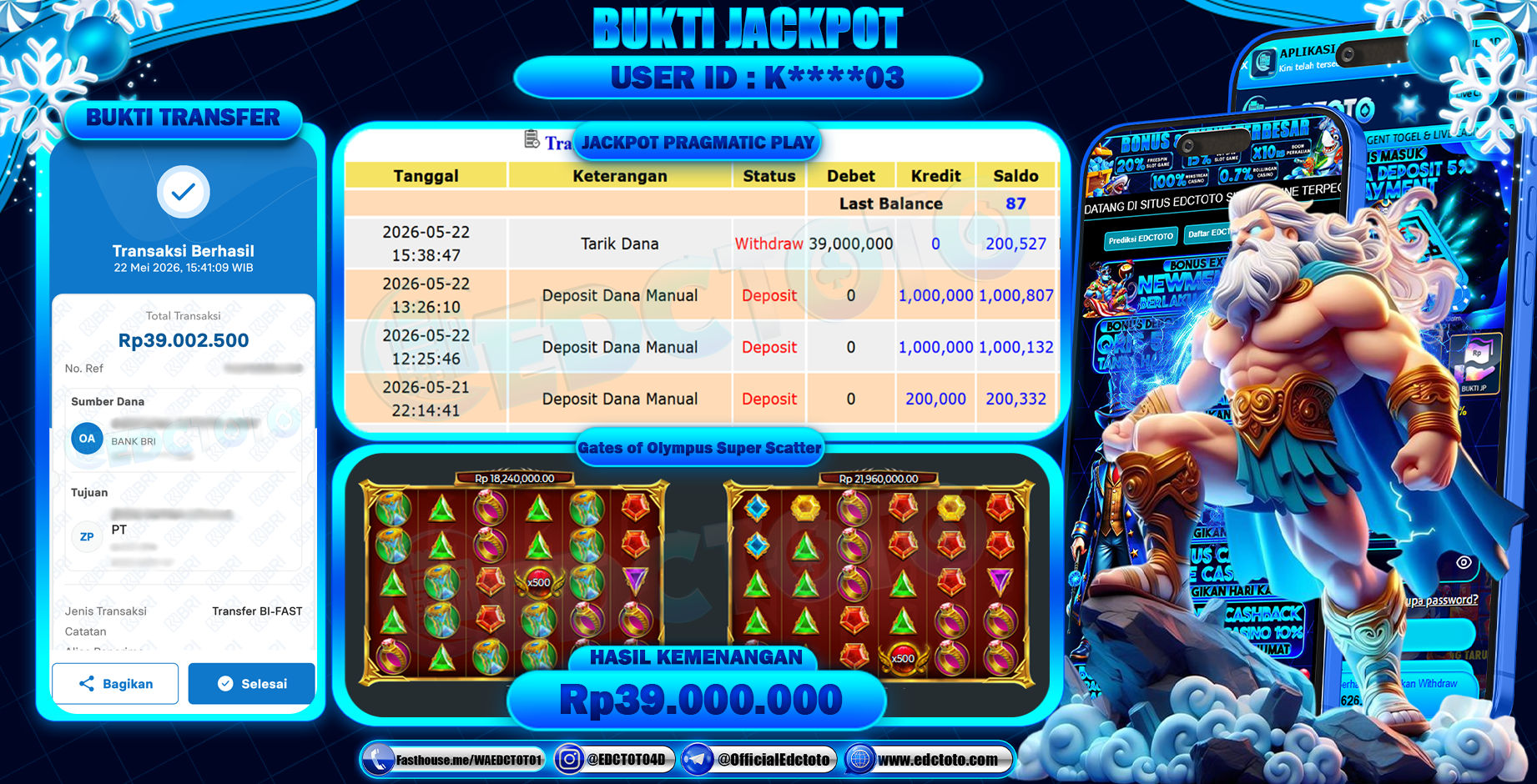 EDCTOTO JACKPOT Rp39.000.000,- DIBAYAR LUNAS. PERMAINAN SLOT GATES OF OLYMPUS SUPER SCATTER(PRAGMATIC PLAY)