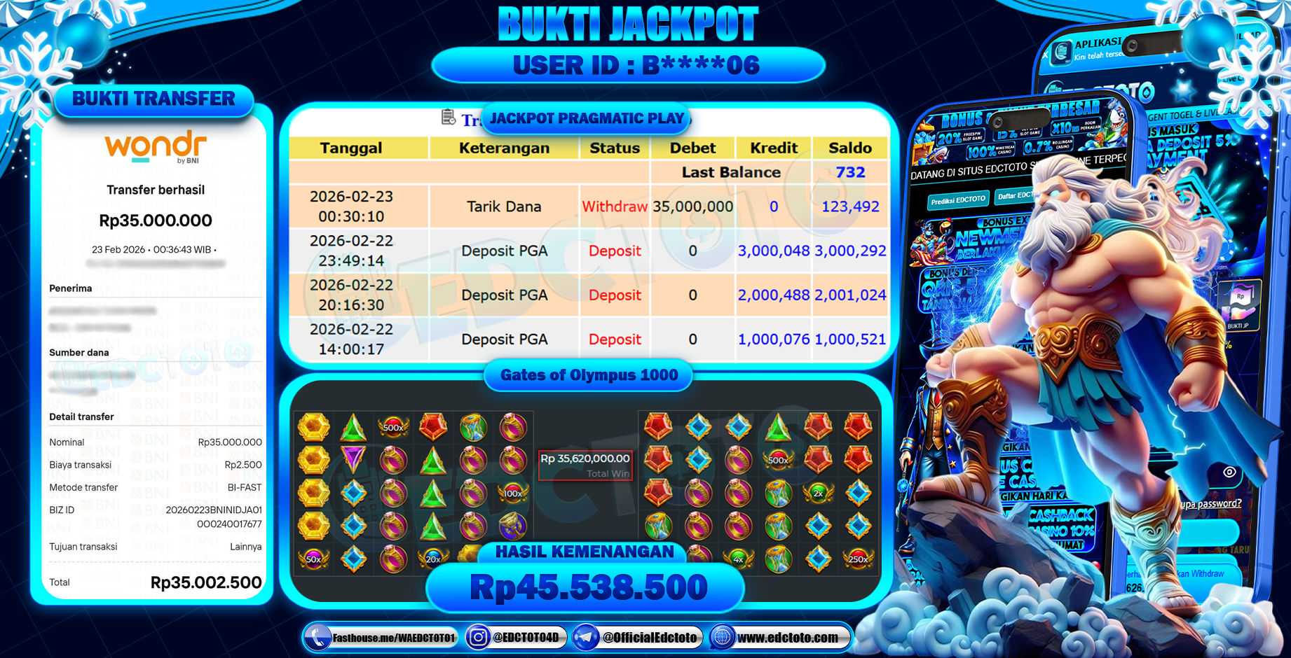 EDCTOTO JACKPOT Rp.35.000.000,- DIBAYAR LUNAS. PERMAINAN SLOT GATES OF OLYMPUS 1000(PRAGMATIC PLAY)