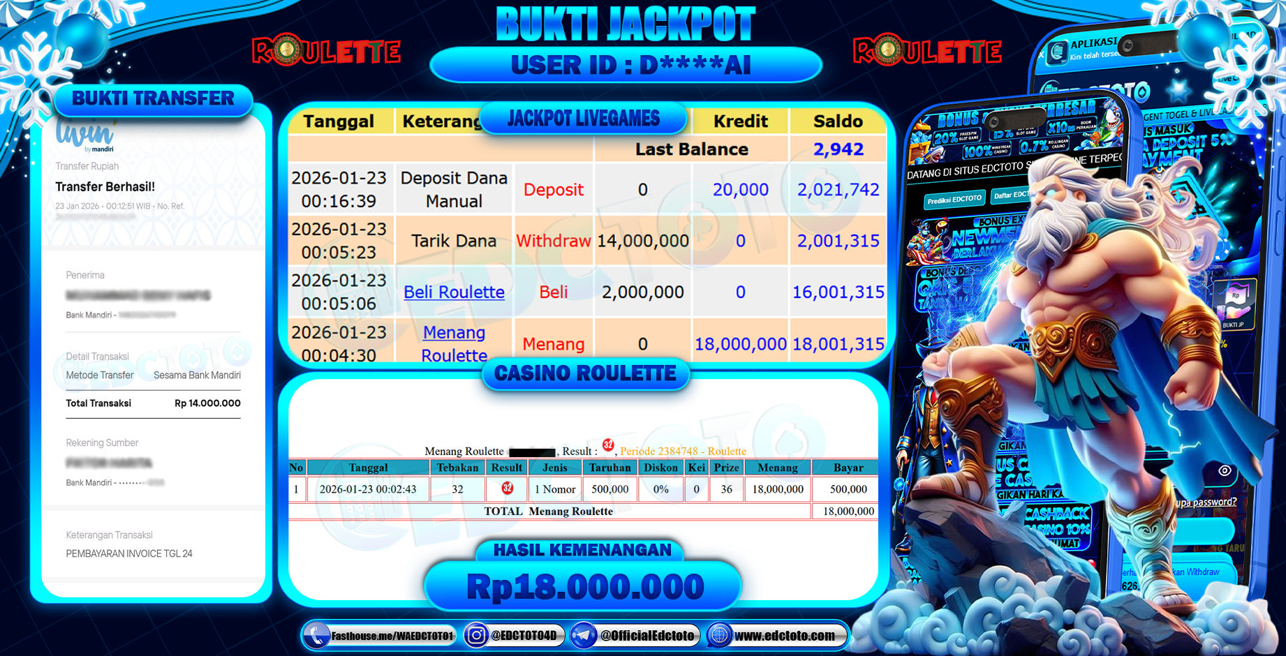 EDCTOTO JACKPOT Rp.14.000.000,- DIBAYAR LUNAS. PERMAINAN CASINO ROULETTE(LIVEGAME)