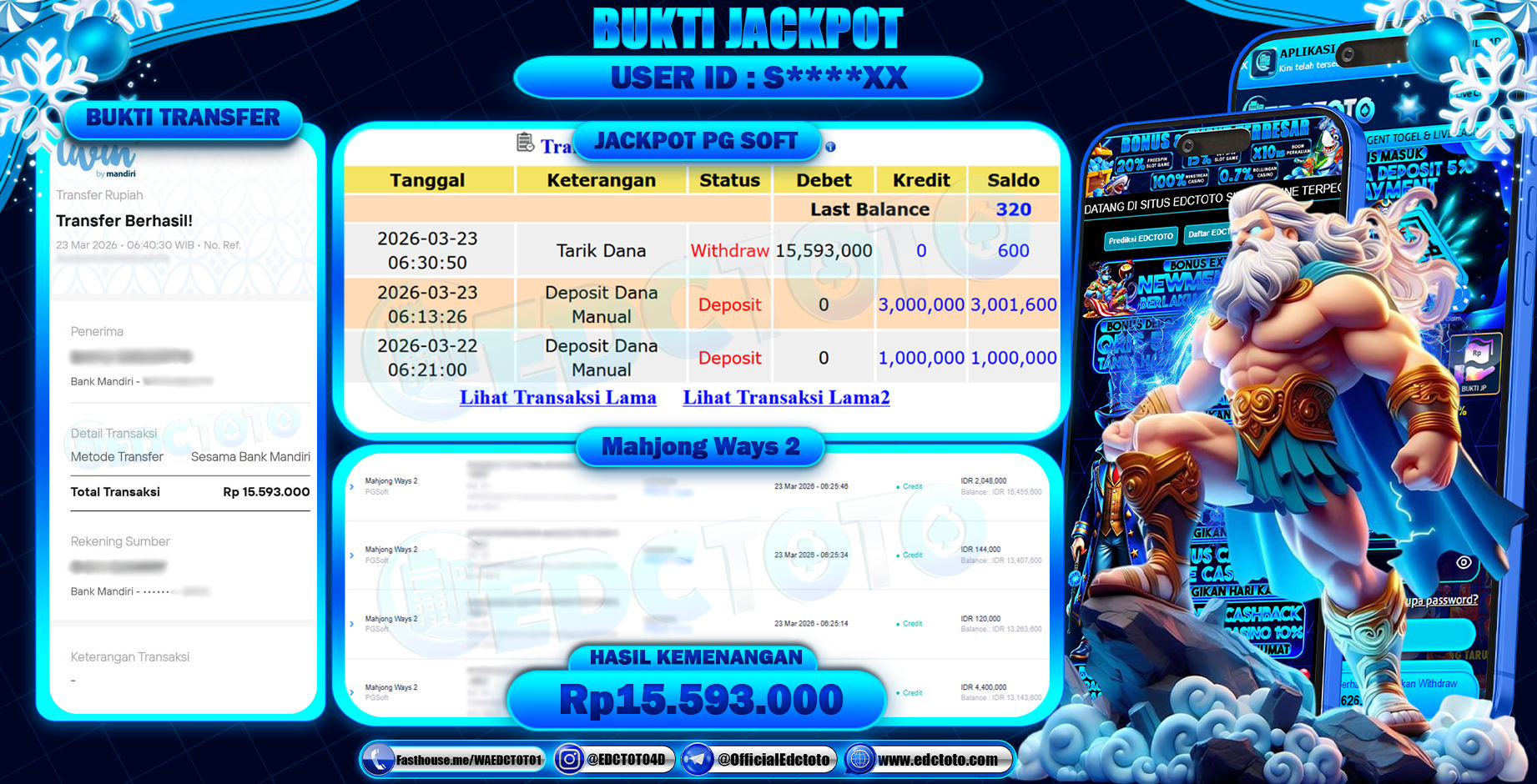 EDCTOTO JACKPOT Rp.15.593.000,- DIBAYAR LUNAS. PERMAINAN SLOT MAHJONG WAYS 2(PG SOFT)
