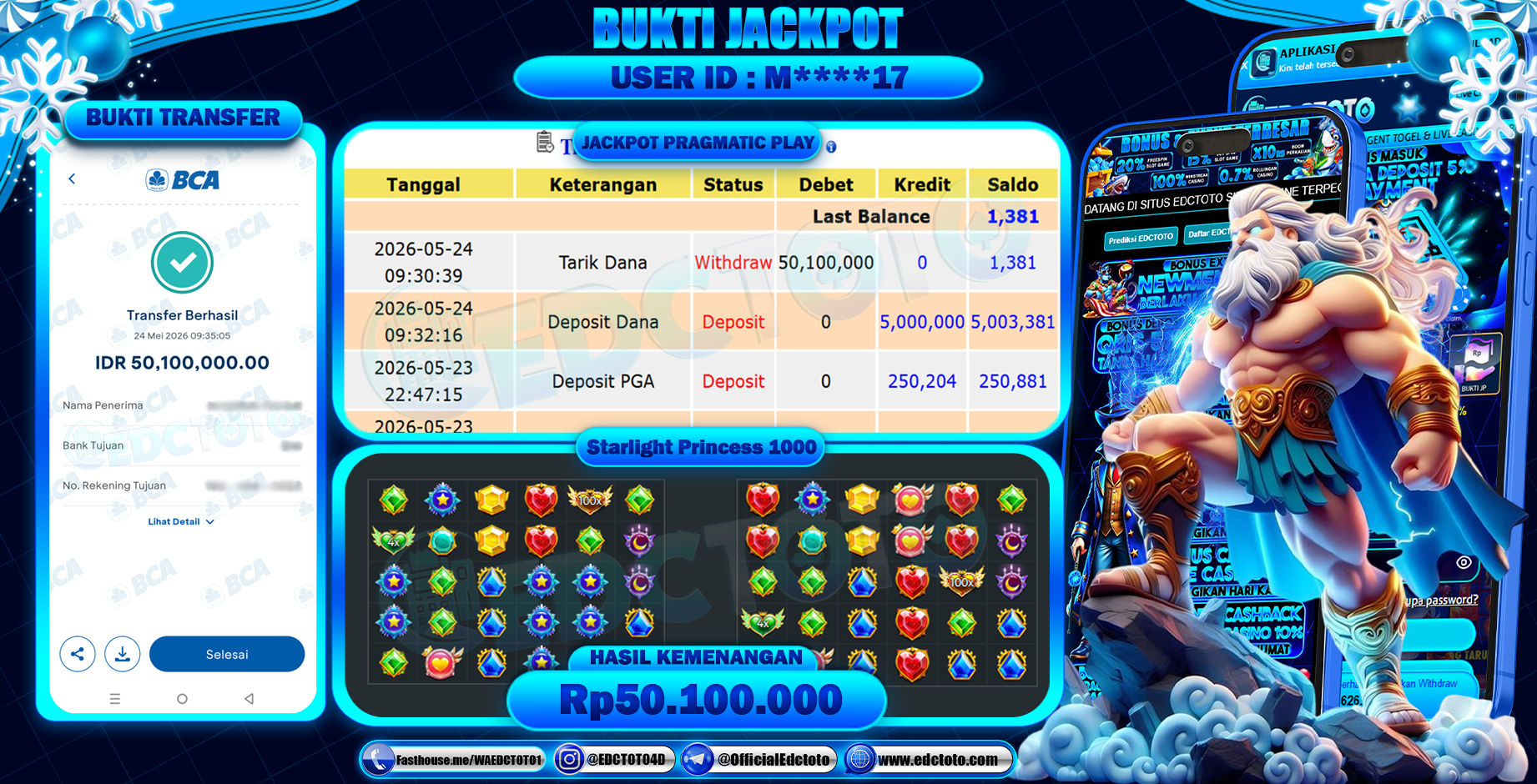 EDCTOTO JACKPOT Rp50.100.000,- DIBAYAR LUNAS. PERMAINAN SLOT STARLIGHT PRINCESS 1000(PRAGMATIC PLAY)