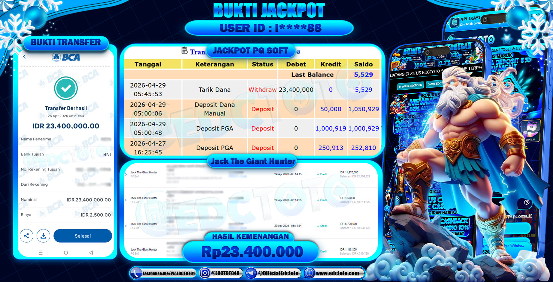 EDCTOTO JACKPOT Rp.23.400.000,- DIBAYAR LUNAS. PERMAINAN SLOT JACK THE GIANT HUNTER(PG SOFT)
