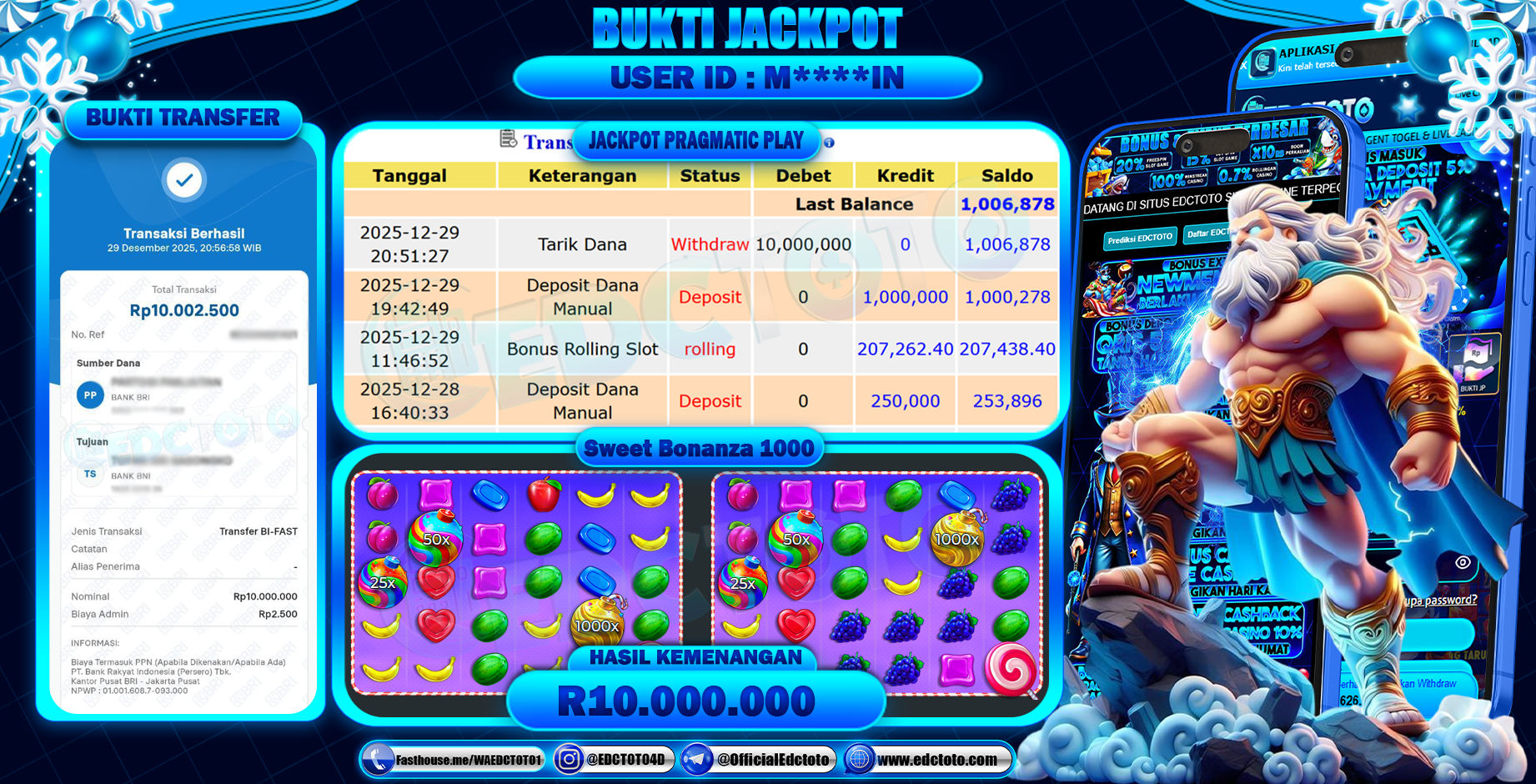 EDCTOTO JACKPOT Rp.10.000.000,- DIBAYAR LUNAS. PERMAINAN SLOT SWEET BONANZA 1000(PRAGMATIC PLAY)