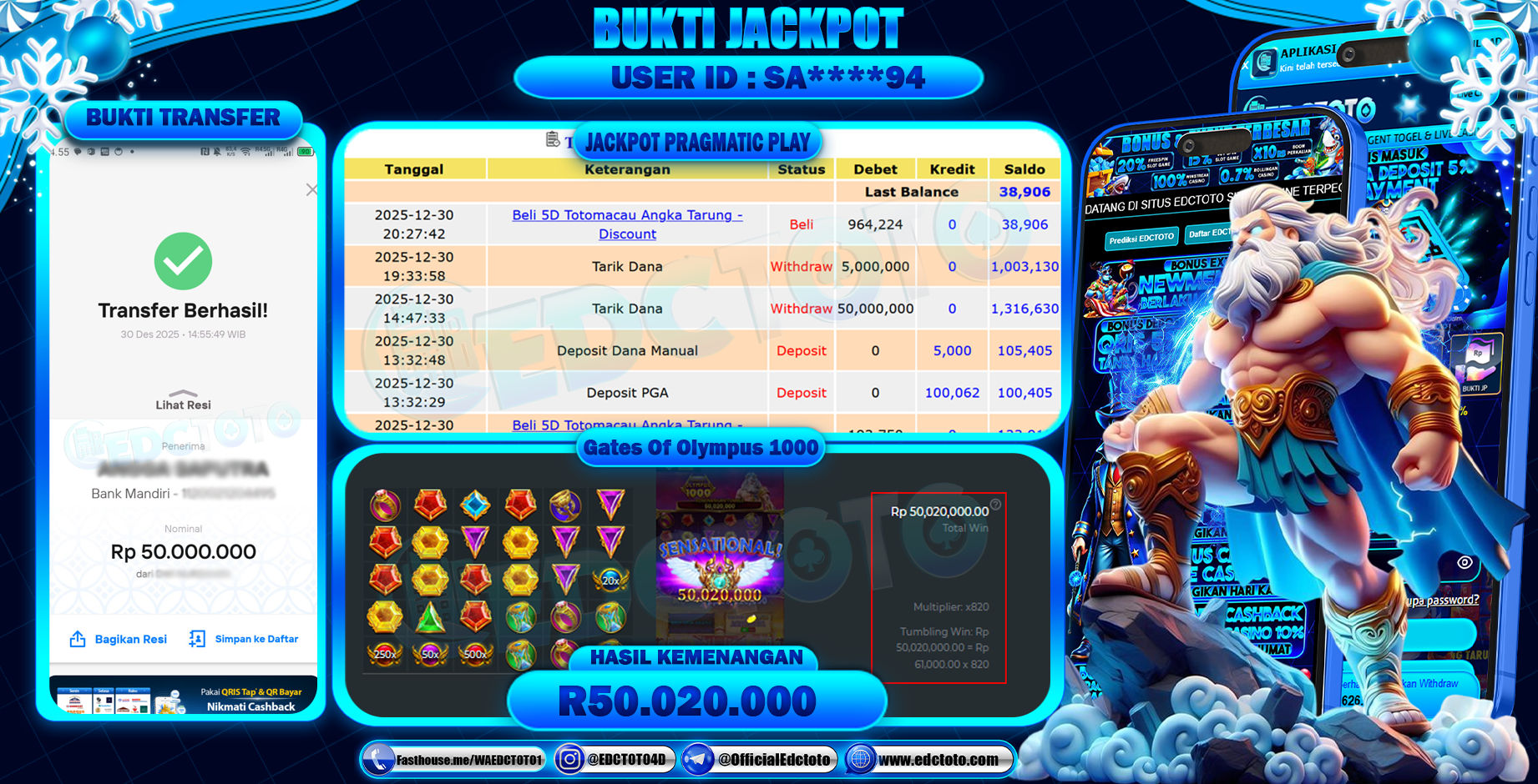 EDCTOTO JACKPOT Rp.50.000.000,- DIBAYAR LUNAS. PERMAINAN SLOT GATES OF OLYMPUS 1000(PRAGMATIC PLAY)