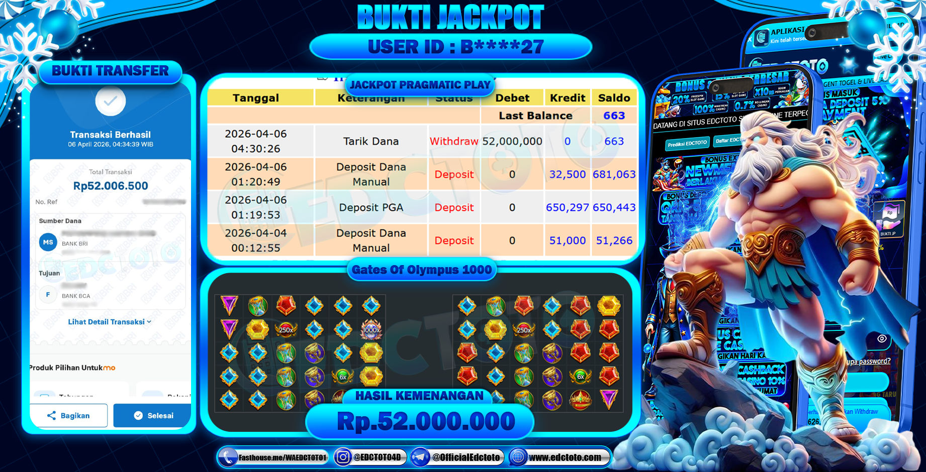EDCTOTO JACKPOT Rp.52.000.000,- DIBAYAR LUNAS. PERMAINAN SLOT GATES OF OLYMPUS 1000(PRAGMATIC PLAY)