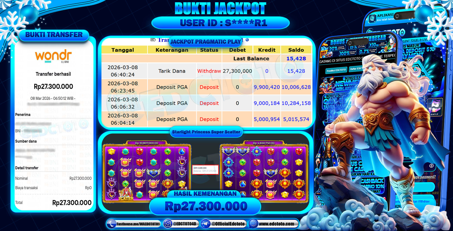 EDCTOTO JACKPOT Rp.27.300.000,- DIBAYAR LUNAS. PERMAINAN SLOT STARLIGHT PRINCESS SUPER SCATTER(PRAGMATIC PLAY)