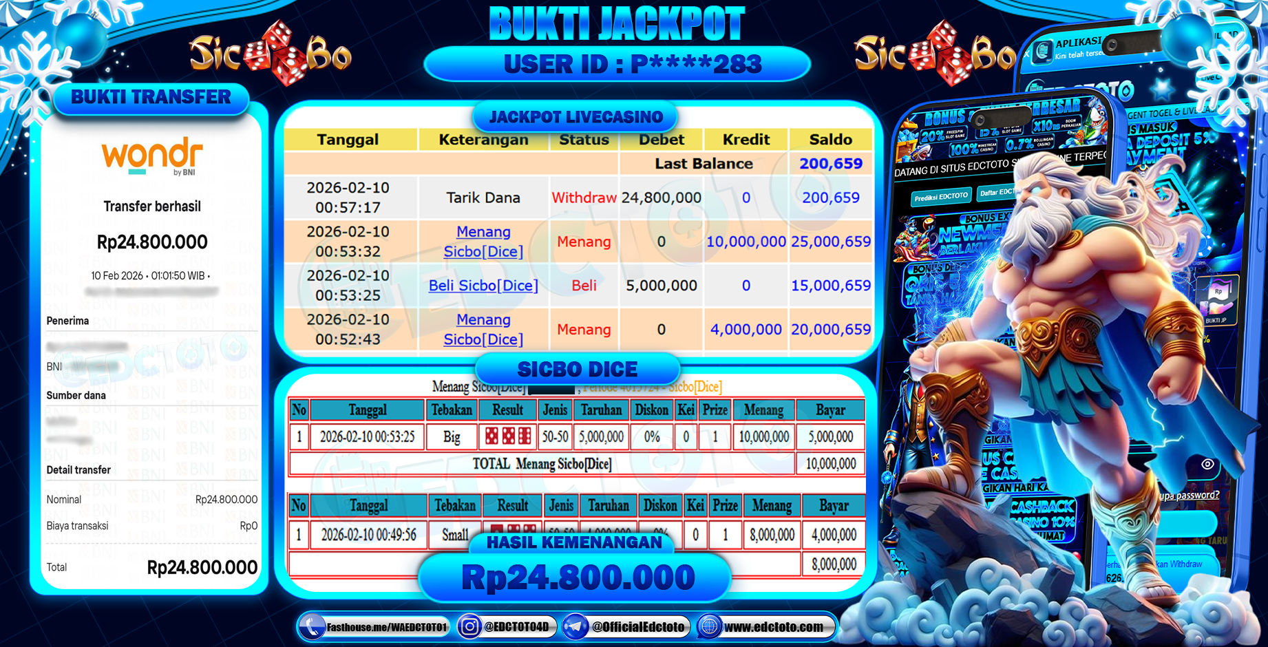 EDCTOTO JACKPOT Rp.24.800.000,- DIBAYAR LUNAS. PERMAINAN LIVE CASINO SICBO DICE