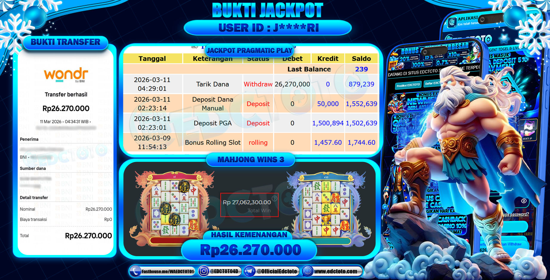 EDCTOTO JACKPOT Rp.26.270.000,- DIBAYAR LUNAS. PERMAINAN SLOT MAHJONG WINS 3(PRAGMATIC PLAY)