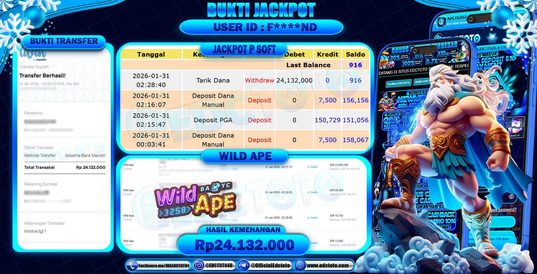 EDCTOTO JACKPOT Rp.24.132.000,- DIBAYAR LUNAS. PERMAINAN SLOT WILD APE(PG SOFT)