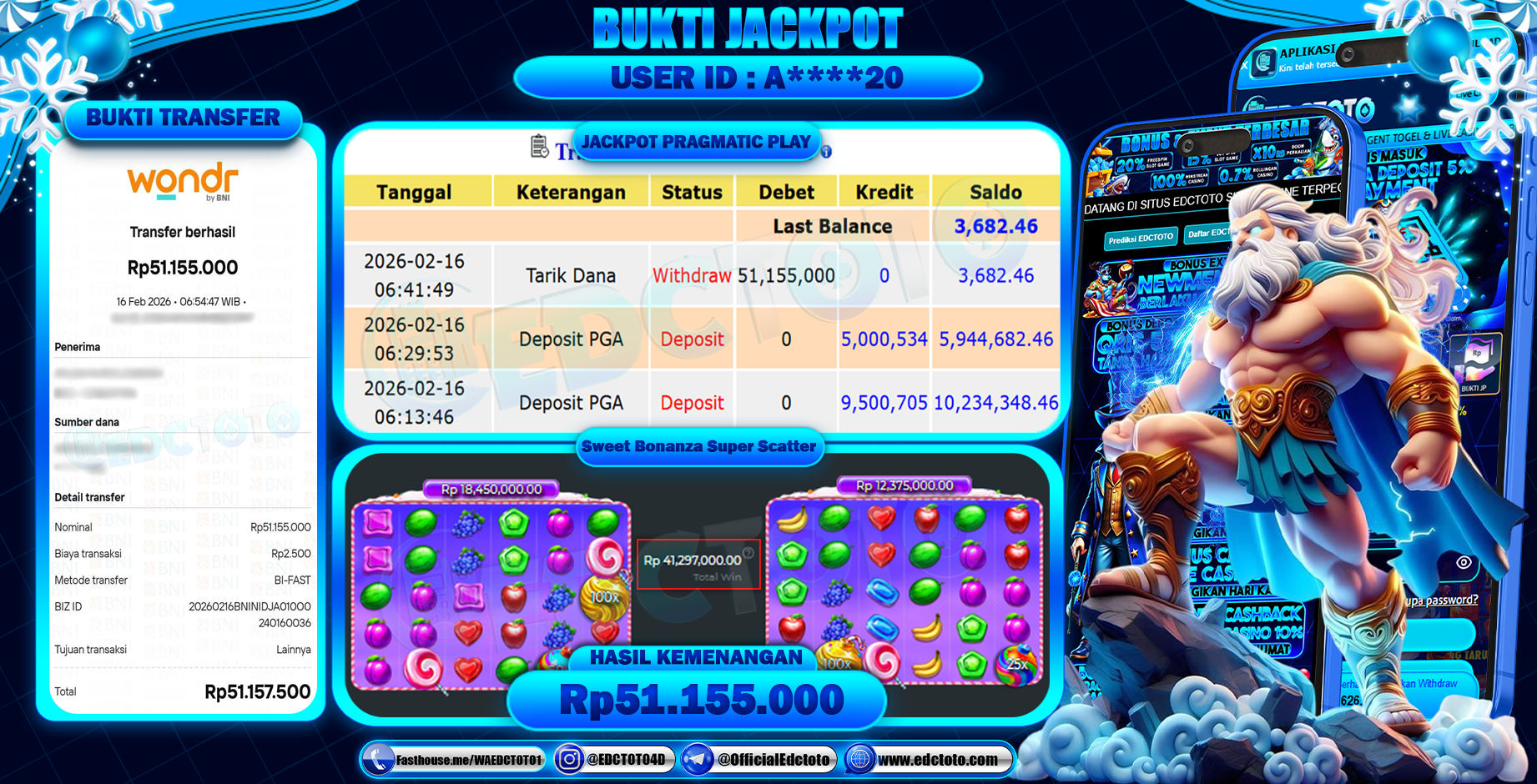 EDCTOTO JACKPOT Rp.51.155.000,- DIBAYAR LUNAS. PERMAINAN SLOT SWEET BONANZA SUPER SCATTER (PRAGMATIC PLAY)