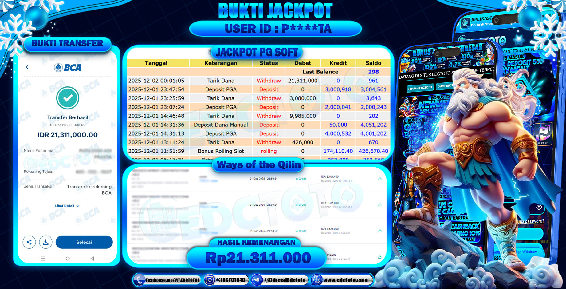 EDCTOTO JACKPOT Rp.21.311.000,- DIBAYAR LUNAS. PERMAINAN SLOT WAYS OF THE QILIN(PG SOFT)