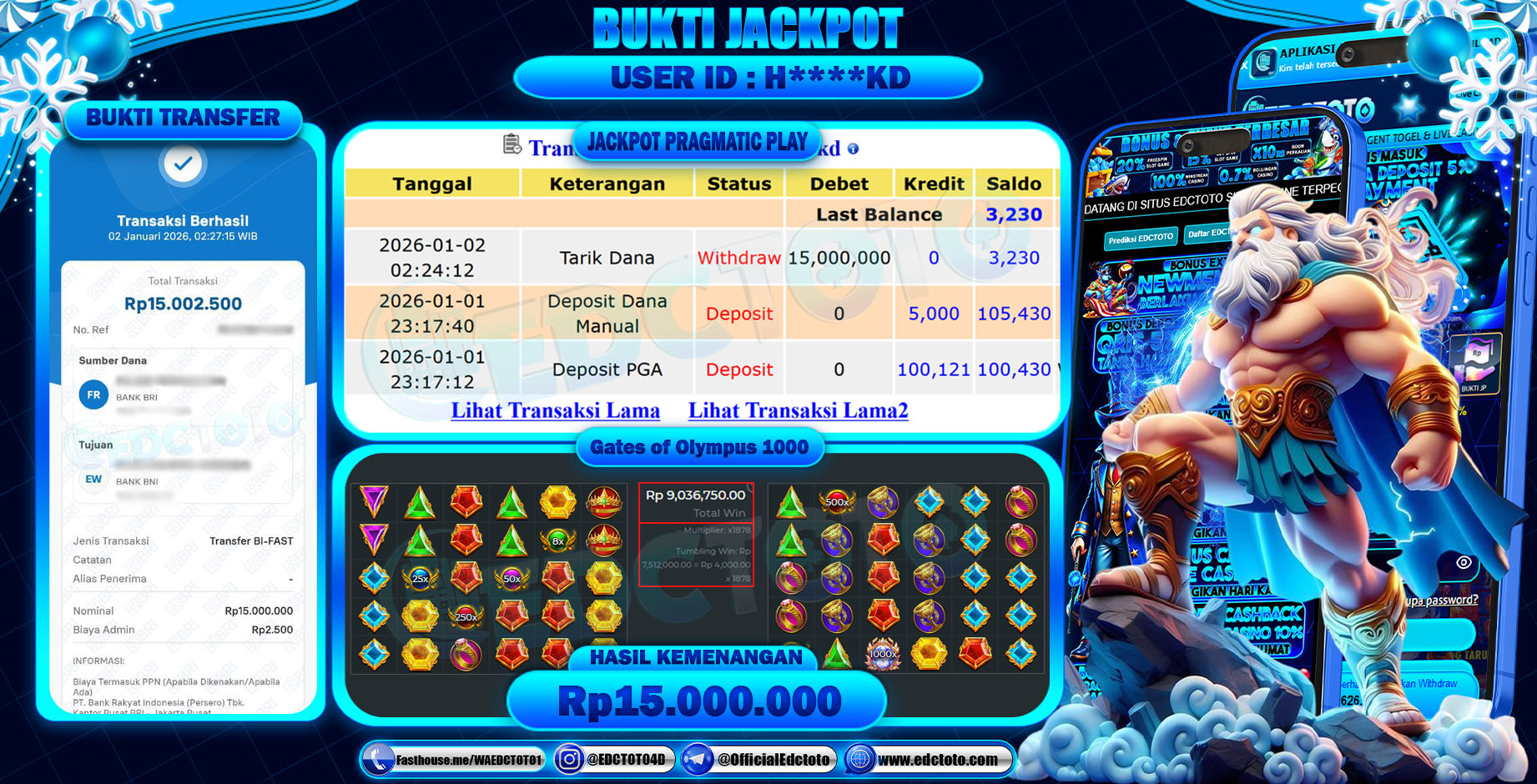 EDCTOTO JACKPOT Rp.15.000.000,- DIBAYAR LUNAS. PERMAINAN SLOT GATES OF OLYMPUS 1000(PRAGMATIC PLAY)
